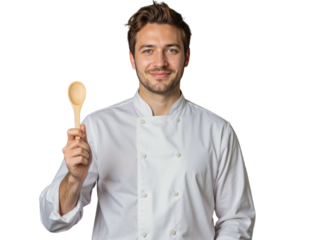 A chef dressed in a white uniform holds a wooden spoon