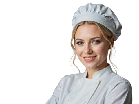A young woman dressed in a chef's uniform stands against a transparent background