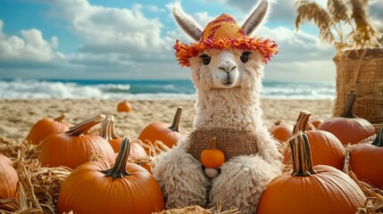 Obraz premium A plush llama styled as a scarecrow sitting in a pumpkin patch on beach background