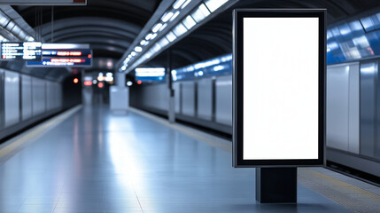 Sleek digital billboard frame with no content, standing in a futuristic train stop.