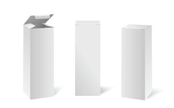 High white cardboard box mockup. Set of realistic vertical tall cardboard rectangular cosmetic or medical packaging, paper boxes. Vector 3D illustration isolated collection