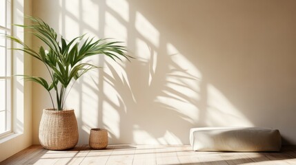 A vibrant plant in a vase sits beside a cozy pillow on the floor, creating a warm and inviting atmosphere in the room.