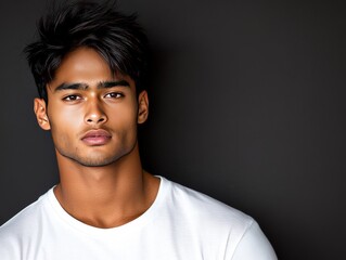 Fototapeta premium Confident young man with strong facial expression and dark tousled hair wearing a casual white shirt standing against a dark gradient background in high quality portrait stock photo