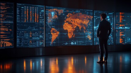 Businessman analyzing global data on large screens