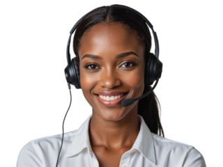 A smiling woman wearing a white shirt and headphones, standing against a transparent background