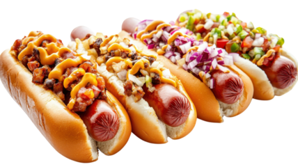 Delicious hot dogs with various toppings arranged neatly on a white background