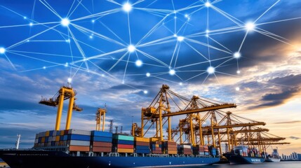 Naklejka premium Cargo ship at a busy port at sunset, with a network of connections in the sky. Containers, cranes, and a dramatic sky are featured. The image depicts