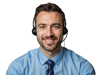 A smiling man wearing a light blue shirt and striped tie, with a headset on, is standing against a transparent background
