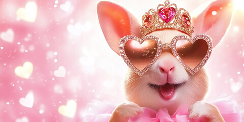 Adorable animal basking in vibrant holiday lights, showcasing soft glossy skin in mesmerizing pink hues. Wearing dazzling sunglasses and an ornate crown, it exudes charm and elegance