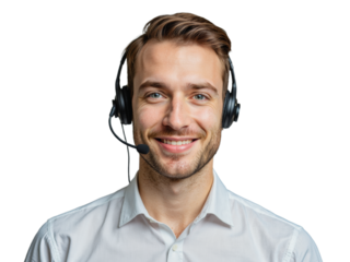 The image features a man wearing a white shirt and headphones, standing against a transparent background