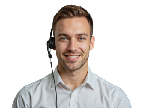 A young man wearing a white shirt stands against a transparent background