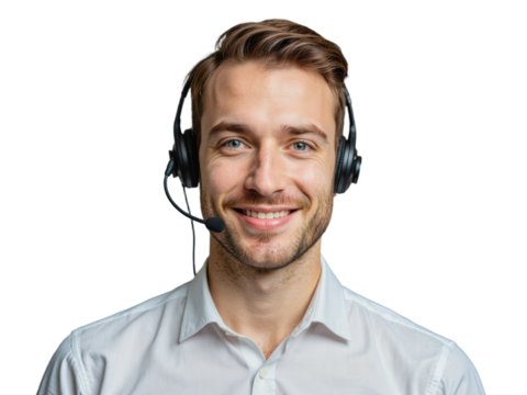 The image features a man wearing a white shirt and headphones, standing against a transparent background