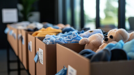 A donation drive setup featuring several cardboard boxes filled with baby clothes and stuffed animals.