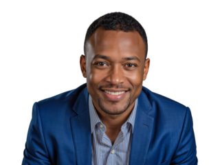 A man wearing a blue suit and striped shirt, standing against a transparent background