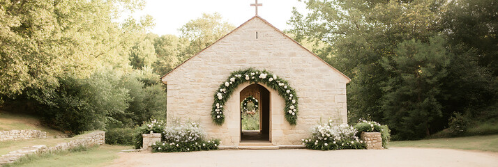 Stone chapel with floral decorations, nestled in a lush, green landscape with a warm, inviting ambiance.