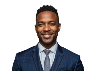 A confident man in a navy blue suit with a white dress shirt and patterned tie standing against a transparent background