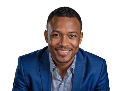 A man wearing a blue suit and striped shirt, standing against a transparent background