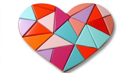 Obraz premium Geometric heart mosaic in vibrant orange, pink, purple, and teal triangles. A playful and modern design, perfect for Valentine's Day or romantic
