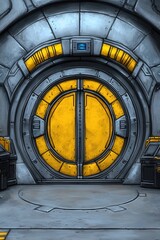 Obraz premium Futuristic metallic doorway with a large circular yellow door, set against a grey industrial background. Grey containers flank the entrance. The