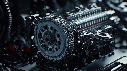 A detailed close-up of an engine featuring a prominent chain, showcasing intricate mechanical components and design.