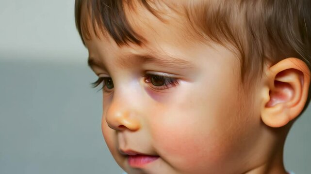 A highly detailed close-up portrait of a young child with soft features and expressive eyes, capturing innocence, curiosity, and emotion.  
