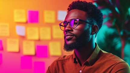 Man Contemplating Ideas: A thoughtful man wearing glasses, sits in front of a wall covered with sticky notes, bathed in a vibrant mix of colors, reflecting creativity and planning.