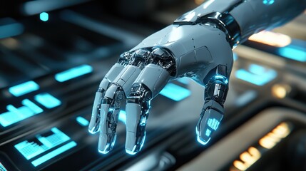 Futuristic Robotic Hand Interacting with a High-Tech Interface
