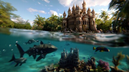 Fototapeta premium Underwater view of a majestic castle with sharks and colorful fish swimming nearby