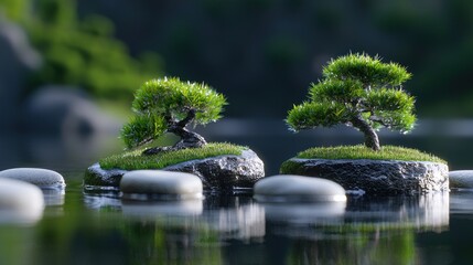 Serene landscape featuring two bonsai trees on rocky islands surrounded by calm water