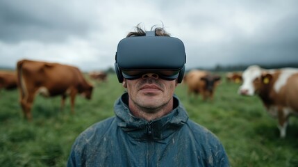 A man in a muddy jacket wearing a VR headset while surrounded by cows, symbolizing the intersection of technology and agriculture in a unique, modern setting.