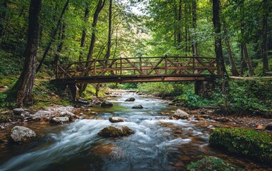 Fototapeta premium Professional stock photo of a Rustic Wooden Bridge Over a Flowing River