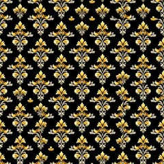 Elegant floral pattern in gold and white on deep black background.