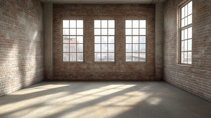 A cozy room features a rustic brick wall and a large window, allowing natural light to fill the space and enhance its warm atmosphere.
