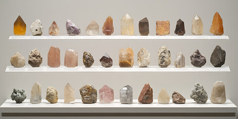 A collection of colorful and textured mineral specimens is displayed on shelves, showcasing the variety of natural formations and geological wonders.