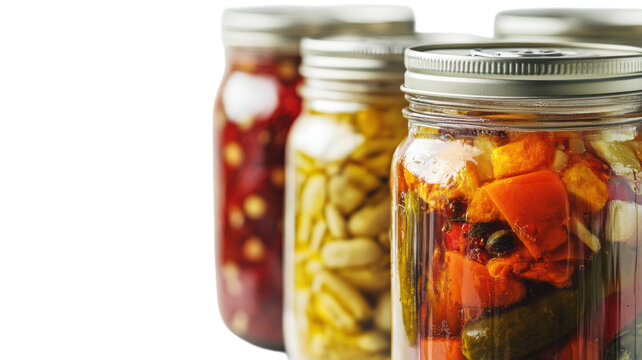 Colorful jars filled with pickled vegetables and preserved foods on a white background