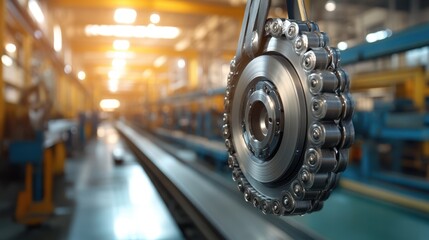 A detailed close-up view of a machine showcasing its intricate components and design in an industrial factory setting.