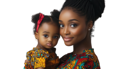 Mother holds daughter in traditional attire, celebrating heritage with vibrant colors and joyful expressions