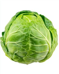 Obraz premium Fresh green cabbage, vibrant color, round shape, healthy and crisp, detailed texture, close up view against white background. Perfect for healthy