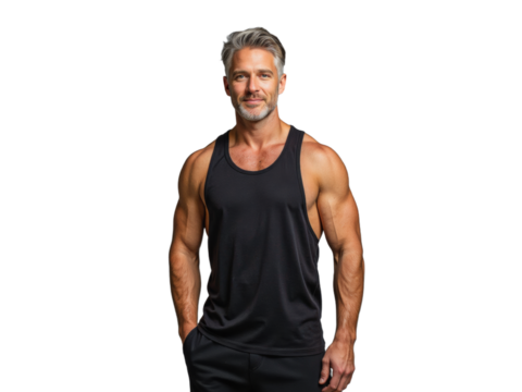 A man in a black athletic tank top and black shorts poses against a transparent background