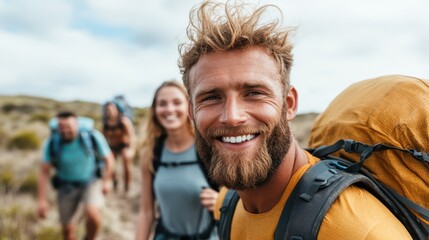 A cheerful man with a backpack and beard smiles as he hikes alongside friends in a scenic outdoor setting, embodying the spirit of adventure and nature's beauty.
