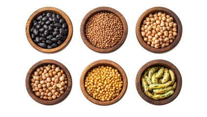 Fototapeta premium Assorted legumes and seeds in wooden bowls on transparent background