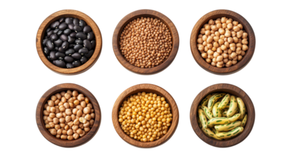 Assorted legumes and seeds in wooden bowls on transparent background