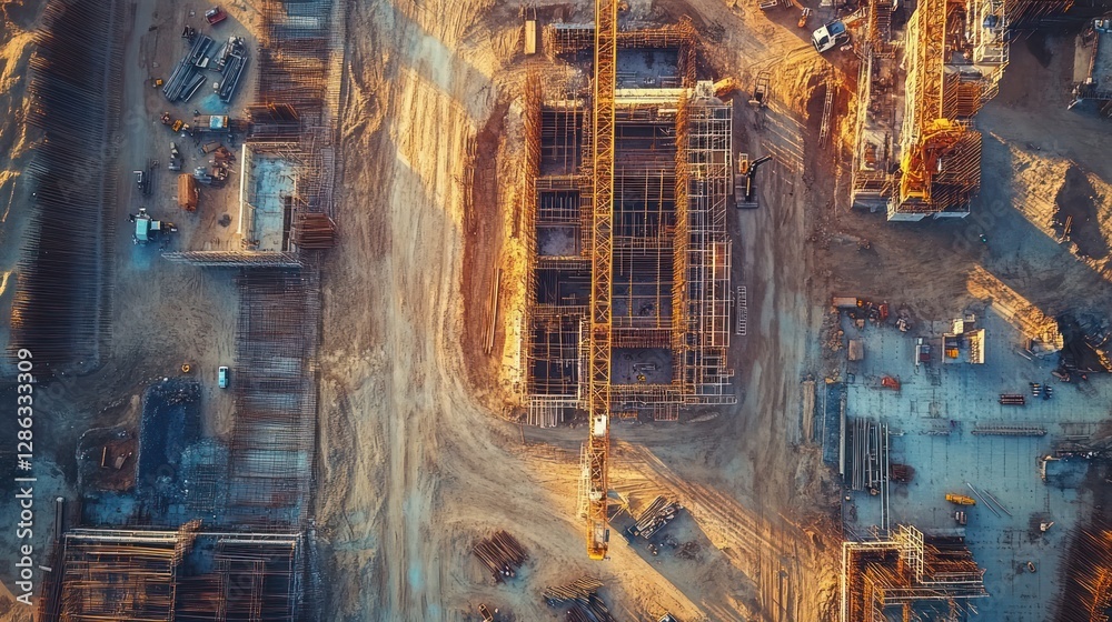 Aufkleber aerial view of a large construction site with heavy machinery and workers.
