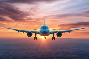 Airplane Landing at Sunset with Vibrant Sky Colors Over Urban Landscape