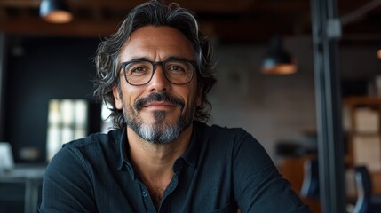 A confident businessman sits in a stylish workspace with a warm smile, radiating professionalism and approachability in a modern business environment.