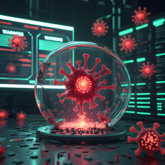 Set within a moody cyberpunk lab, the environment pulses with neon-green warning alerts flashing across futuristic monitors. 