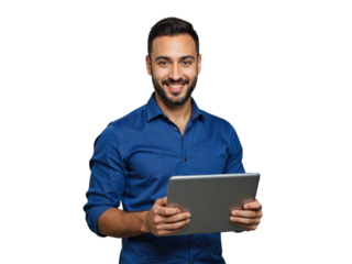 A smiling man in a blue shirt holds a tablet while standing against a transparent background