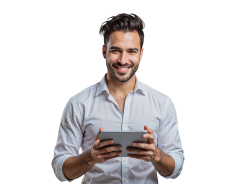 A smiling man wearing a white shirt is holding a tablet and posing for a photograph. - Powered by Adobe