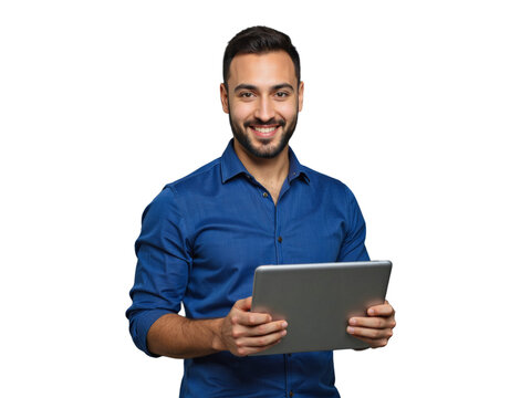 A smiling man in a blue shirt holds a tablet while standing against a transparent background