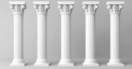 Five identical white columns with ornate capitals stand in a row against a light gray background. The image is simple and clean, emphasizing
